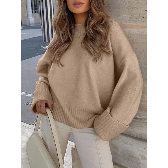Women's Oversized Sweater Fuzzy Khaki Long Sleeve Casual Chunky Pullover Fall - Picture 3 of 9